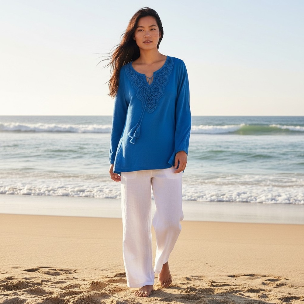 Ruby Rd Blue Boho Crochet Lace Bib Tassel Tie Long Sleeve Tunic Blouse Sz 10